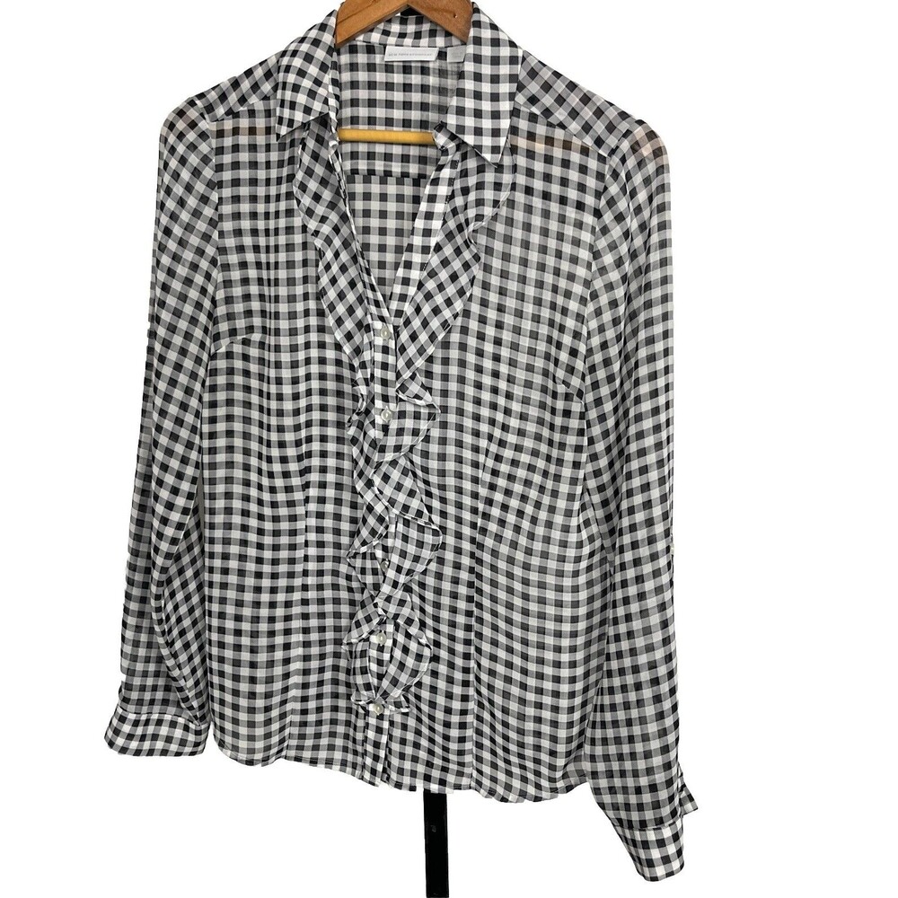 New York & Company Button Up Blouse Small Black White Check Ruffle Front Office